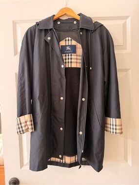 Vintage Burberry London Black Trench Coat with Signature Check Trim